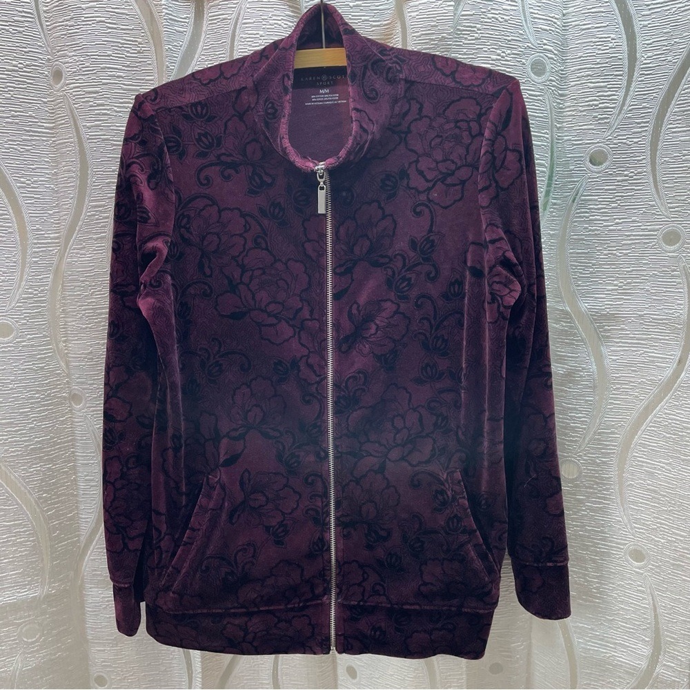 Karen Scott Sport Floral Burnout Velour Jacket‎ Womens M Plum Purple Excellent